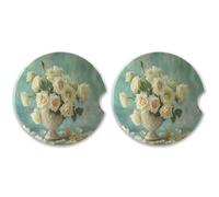 SKYSHU Set di 2 sottobicchieri rotondi per auto con rosa bianca, portabicchieri in pietra ceramica assorbente con base in sughero e impugnatura per una facile pulizia, 6,5 cm