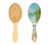 SKYSHU Spazzola per capelli con stelle marine e spiaggia, in legno naturale, con comode setole in legno, districante e acconciatura, ovale, per donne, uomini e bambini, per tutti i tipi di capelli