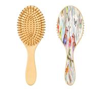 SKYSHU Woodland Birds - Spazzola per capelli in legno naturale, con comode setole in legno, districante e acconciante, ovale, per donne, uomini e bambini, per tutti i tipi di capelli bagnati, secchi e