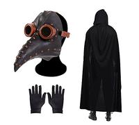 Skystuff Maschera da medico della peste, becco da uccello, becco lungo, maschera steampunk, con un paio di guanti e mantello nero con cappuccio e maschera per Halloween