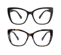 SKYWAY 2 Pack Occhiali da Lettura per Donna, Occhiali da Computer Oversize alla Moda con Blocco Luce Blu, Montatura Quadrata a Occhio di Gatto con Cerniera a Molla, Nero+Blu Tartaruga 2.5