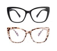 SKYWAY 2 Pack Occhiali da Lettura per Donna, Occhiali da Computer Oversize alla Moda con Blocco Luce Blu, Montatura Quadrata a Occhio di Gatto con Cerniera a Molla, Nero+Bianco Tartaruga 3.5