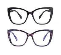SKYWAY 2 Pack Occhiali da Lettura per Donna, Occhiali da Computer Oversize alla Moda con Blocco Luce Blu, Montatura Quadrata a Occhio di Gatto con Cerniera a Molla, Nero+Viola Tartaruga 3.5