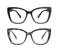 SKYWAY 2 Pack Occhiali da Lettura per Donna, Occhiali da Computer Oversize alla Moda con Blocco Luce Blu, Montatura Quadrata a Occhio di Gatto con Cerniera a Molla(Nero+Viola Tartaruga, 3.5)