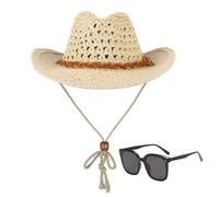 SLAXJNE 1 Cappello da Cowboy Cavo, 1 Paio di Occhiali da Sole, Cappello da Cowboy retrò, Cappello da Cowboy Regolabile, Cappello da Sole A Tesa Larga, La Pesca E Il Campeggio