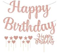 SLAXJNE Bandierina per Festa di Compleanno da 1 Pezzo E Set di 11 Inserti per Torta di Compleanno, Striscione di Buon Compleanno, Decorazione in Oro Rosa, Decorazioni per Torte