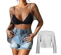 SLAXJNE Camicetta A Rete Nera in 1 Pezzo, Maniche Lunghe con Strass Glitterati, Camicetta Sexy A Rete Trasparente, Camicetta con Scollo Tondo in Cristalli, Abbigliamento Formale