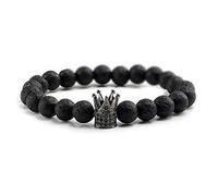 SLCHJX Trendy Cz Corona Imperiale ed Elmo Bracciale con ciondoli Naturale Opaco Vulcano Lava 8Mm Bracciali con Pietre Donna Uomo Bracciali Gioielli Pulser20Cm Nero