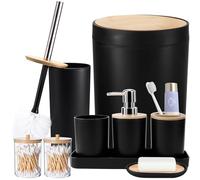 SLDIYWOW Set di 8 accessori da bagno in plastica con dispenser per lozioni, portaspazzolino, bicchiere per spazzolino, portasapone, scopino, cestino e dispenser Qtip (nero)