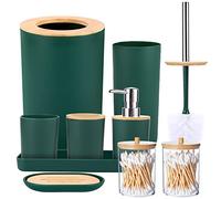 SLDIYWOW Set di 9 accessori da bagno verde scuro con pattumiera, vassoio, dispenser per sapone, portaspazzolino, portaspazzolino, portasapone, scopino per WC e porta Q-tip per bagno/inaugurazione