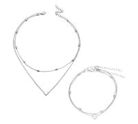SLEEKEE 1 collana multistrato con ciondolo a forma di cuore, 1 cavigliera, collana in argento, collana da donna, catena a clavicola multistrato, cavigliera in lega, Zinco