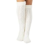 SLEEKEE 1 paio di calzini sopra il ginocchio, calzini da donna caldi a maglia, pantofole per interni ed esterni, calzini da pavimento a rombo, calzini invernali spessi (bianco), bianco, Taglia unica