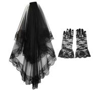 SLEEKEE 1 velo nero con bordo in pizzo, 1 paio di guanti in pizzo, velo da sposa gotico, gioielli in pizzo nero di Halloween, adatti per decorazioni festive e foto., Nero , 60cm-80cm