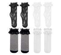 SLEEKEE 4 paia di calzini da donna in pizzo, calzini pieghettati, calzini elastici a metà polpaccio, calzini a rete cava (nero, bianco), nero, bianco, Taglia unica