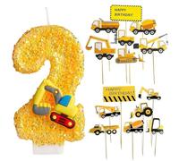 SLEEKEE Candela per Escavatore da 1 Pezzo con Paillettes E Piastra per Inserti per Camion da Costruzione da 14 Pezzi, Candela Numero 2, Decorazione di Compleanno per Bambini, Decorazione per Torta