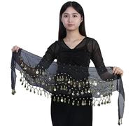 SLEEKEE Costume da Danza del Ventre Nero 1 Pezzo, Costume Decorativo da Danzatrice del Ventre con Catena da 98 Monete, Gonna da Danza del Ventre Indiana da Donna, Costume da Danza Dell'anca