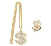 SLEEKEE Set di gioielli 1-pezzo collana dollaro, 1-pezzo anello, set collana e anello con simbolo del dollaro, collana hip-hop in oro, ciondolo pagliaccio, ciondolo simbolo di contanti, collana in oro