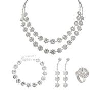 SLEEKEE Set di Gioielli Moda Donna 4 Pezzi, Collana di Fiori con Strass A Doppio Strato, Braccialetto A Strati, Set di Gioielli con Strass per Feste, Celebrazioni E Matrimoni