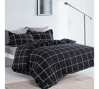 SLEEP ZONE Set copripiumino con stampa geometrica scozzese 120 g/m² microfibra 228,6 x 228,6 cm, ultra morbido chiusura con cerniera e lacci agli angoli, 3 pezzi, griglia nera, matrimoniale/queen size