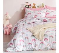 SLEEP ZONE Set di biancheria da letto per bambini, facile da pulire, in microfibra ultra morbida, set di lenzuola e federe, 5 pezzi, arcobaleno, bianco/rosa, matrimoniale