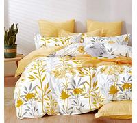SLEEPBELLA Copripiumino king size, 600 fili, cotone con rami grigi e fiori gialli, reversibile (king size, foglie bianche)