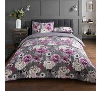 Sleepdown Inky - Set copripiumino reversibile, facile da pulire, morbido, reversibile, motivo floreale, 135 x 200 cm + 1 federa da 80 x 80 cm, colore: grigio