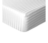 Sleepdown Lenzuolo con angoli di qualità alberghiera, 100% cotone satinato a righe, caldo e traspirante, super morbido, facile da pulire, con tasche extra profonde da 32 cm, bianco, singolo,