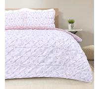Sleepdown, Set di biancheria da letto bianco stampato con foglie rosa cipria, copripiumino double-face e federa, con motivo increspato, rosa e bianco, per letto king size (230 x 220 cm)