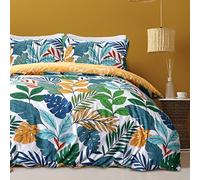 Sleepdown - Set di biancheria da letto, con copripiumino e federa, motivo: palme tropicali/floreale multicolore intenso, colore: ocra, reversibile, morbido, facile da pulire, trapuntato, singolo (135 x 200 cm)