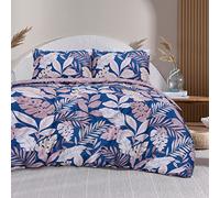 Sleepdown Set di biancheria da letto con copripiumino e federe, reversibile, morbido, facile da pulire, con motivo tropicale, palme floreali, rosa cipria, blu navy, king size (230 x 220 cm)