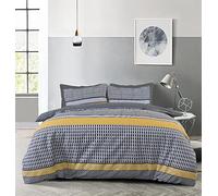 Sleepdown Set di biancheria da letto con copripiumino reversibile a righe geometriche astratte, nero, grigio, ocra, morbido, facile da pulire, per letto singolo (135 x 200 cm)