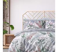 Sleepdown Set di biancheria da letto reversibile con copripiumino e federe, 100% puro cotone, motivo floreale con foglie, colore: grigio, per letto king size (230 x 200 cm)