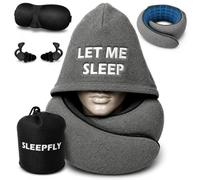 sleepfly Cuscino da viaggio con cappuccio, girocollo aereo (grigio) | Maschera per gli occhi, tappi per le orecchie in silicone, schiuma a memoria di forma o riempimento, supporto cervicale