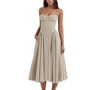 Sleeveless Corset Fit Midi Dress Spaghetti Strap Bustier Midi Dress Trendy A Line Dress with Pocket (XL,Coffee)