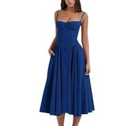 Sleeveless Corset Fit Midi Dress Spaghetti Strap Bustier Midi Dress Trendy A Line Dress with Pocket (XL,Dark Blue)