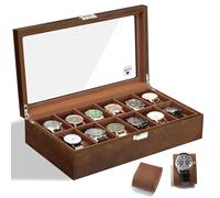 Slege porta orologi in Legno a 12 Posti,Scatola per orologi in Legno,Elegante Porta orologi uomo,Vetrina in Vetro Porta orologi per 12 orologi,Watch box per uomo Regalo (Marrone)