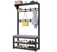 SLGGPJBU Appendiabiti in metallo con scarpiera e 10 ganci per ingresso e corridoio, albero con seduta e scarpiera a 2 strati, telaio in acciaio bianco, 100 x 35 x 172 cm