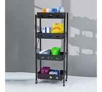 SLGGPJBU Carrello portaoggetti pieghevole, pratico carrello a rotelle per spazi ristretti, carrello da cucina estraibile, carrello mobile con scaffalatura, 4 ripiani, nero