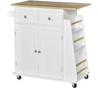 SLGGPJBU Rolling Kitchen Island Carrello portaoggetti con portaspezie a 3 livelli e piano in legno di gomma, per sala da pranzo, bianco