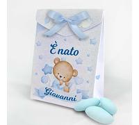 SLIDE 16 pz Scatoline Bomboniere personalizzate con nome, Prima Nascita, Baby shower, compleanno, scatole Portaconfetti + 6 mt. nastro raso, Festa nascita bimbo orsetto blu