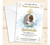 SLIDE Bigliettini Inviti Prima Comunione bambino, personalizzati con Foto Nome e Data - Stampa cartoncino alta qualità 350g/m 10cmx15cm.