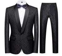 Sliktaa Uomo Scialle con Colletto Ricamato Abito Due Pezzi Un Bottone Dorso Spacco Centrale Formale Affari Matrimonio Banchetto Festa Evento Festivo Celebrazione Gentiluomo Eleganza, Nero , M