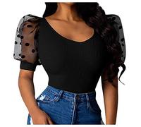 Slim Elastico Donne Manica T-shirt Onda Corto Corto Camicetta Top Con Scollo Profondo, Nero , S