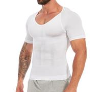SLIMBELLE Body Shaper - Maglietta a compressione da uomo, elastica, aderente, con scollo a V, per controllo della pancia, per allenamento della vita, top a compressione per uomo, bianco, L
