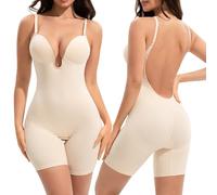 Slimers Backless Shapewear Tummy Control: Low Back Plunge Shapewear Bodysuit - Slimming Built-In Bra Full Body shaper For Woman Beige