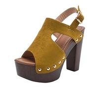 Slingback Donna Basse Sandali Con Zeppa Elegante Fashion Yellow Gladiators Heels Black Leather Heel Boot Top Sandali Con Tacco a Zeppa Grosso Di Donna Chiusi Dietro Scarpe (Yellow 38)