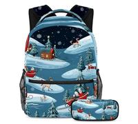 Slitta natalizia con scritta "Stay Ahead of the class", zaino con astuccio, set da 2 pezzi per ragazzi ragazze adolescenti, Multicolore#07, B:29.4x20x40cm P:19x7.5x3.8cm, Zaini Daypack