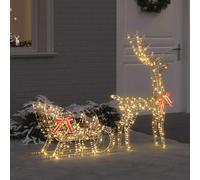 vidaXL Slitta trainata da renna Bianco caldo 70 x 26 x 128.5 cm PET, Decorazione moderna per le feste, statuetta di renna, slitta LED, alimentata USB, collezione natalizia