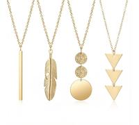 Sliverdew Collana lunga in oro da donna, 4 pezzi, alla moda, con ciondoli a barra, cerchio, piuma e triangolo, gioielli alla moda da indossare tutti i giorni, feste, matrimoni, regali, catena da 71 cm