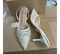 SLJYM Sandali da Donna con Cinturino alla Caviglia e Perline, con Marchio, Tacco Sottile, Scarpe con Punta a Punta e Cinturino Posteriore, Pantofole da Donna